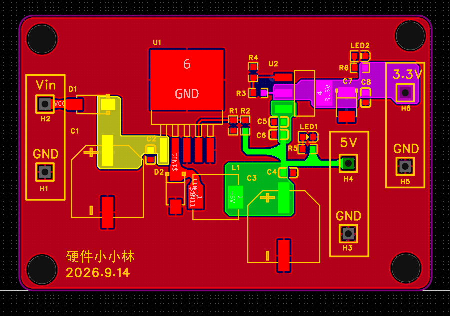 两级降压电源 PCB 布局,左侧输入、中间 LM2596 功率级、右上方 AMS1117 稳压级