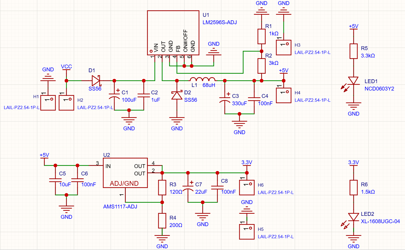LM2596 与 AMS1117 两级降压电源原理图,上方为一级降压,下方为二级稳压